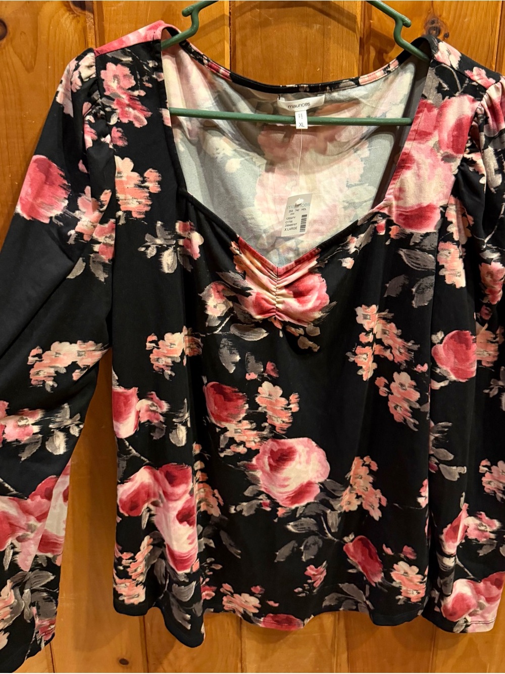 Maurices Black Long Sleeve Floral V-Neck Dress with Pink Roses